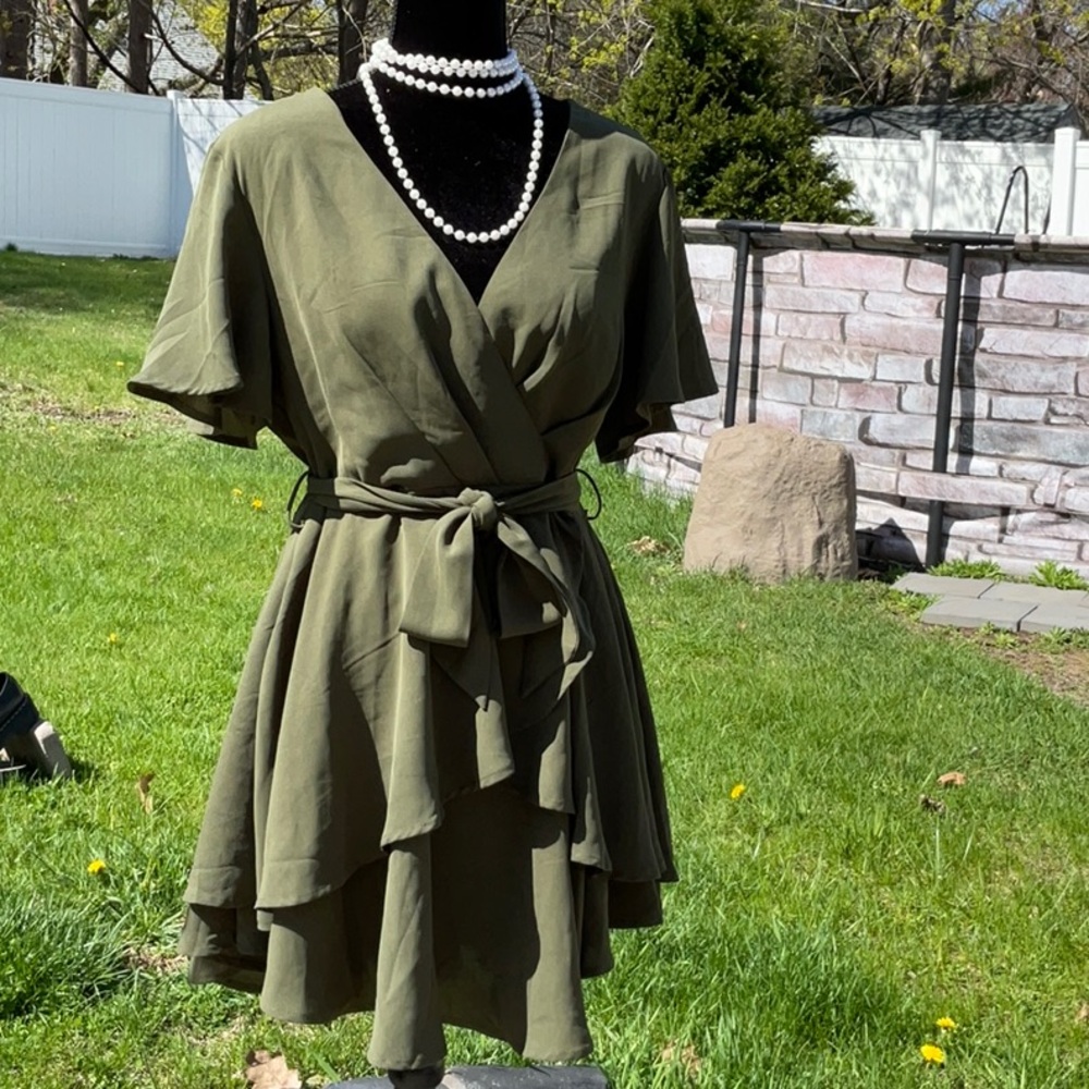 Amazon Olive Green Tiered Wrap Mini Dress with Tie Waist